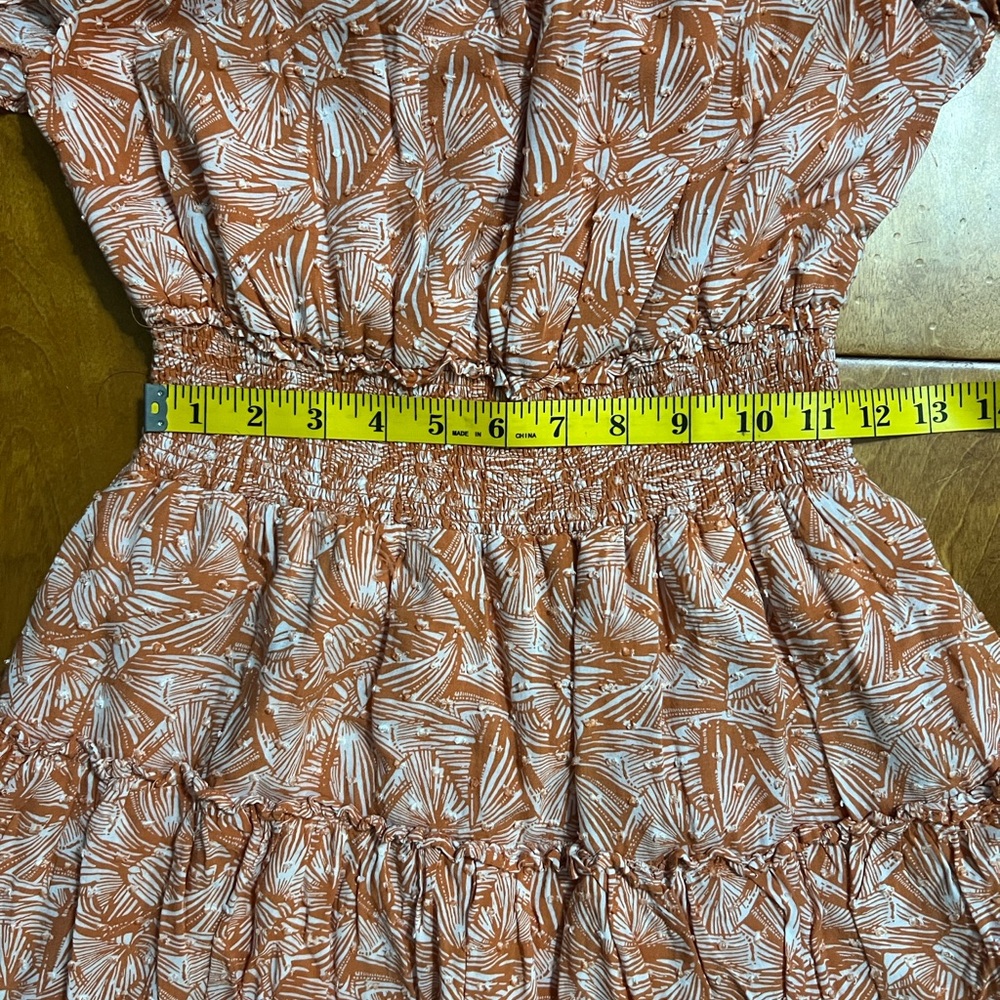 Forever 21 Off Shoulder Mini Dress Size Large Coral Floral Smocked Boho Beach - Picture 5 of 10
